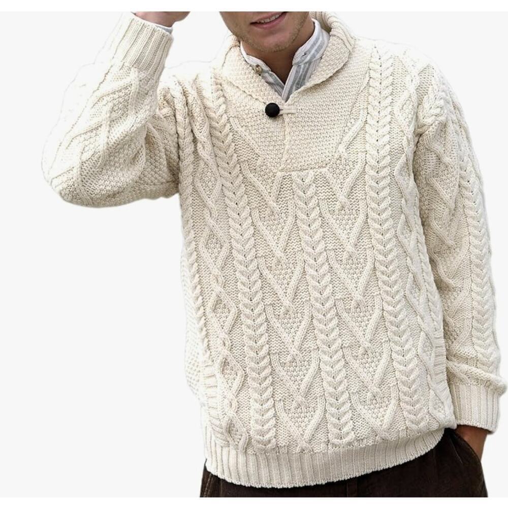 Aran Crafts 100% Merino Wool Shawl Collar Cable Knit Pullover Sweater Cream XL
